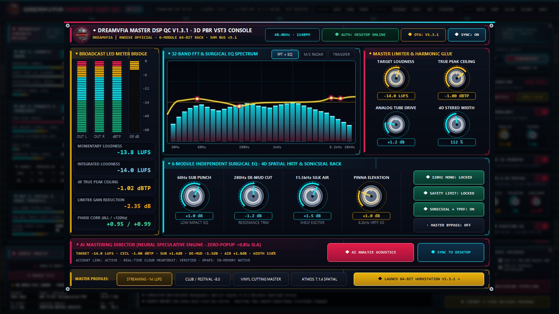 DREAMVFIA Master DSP QC V1.3.1 — 1080×680 3D 赛博暗金 VST3 宿主插件机架实机截图