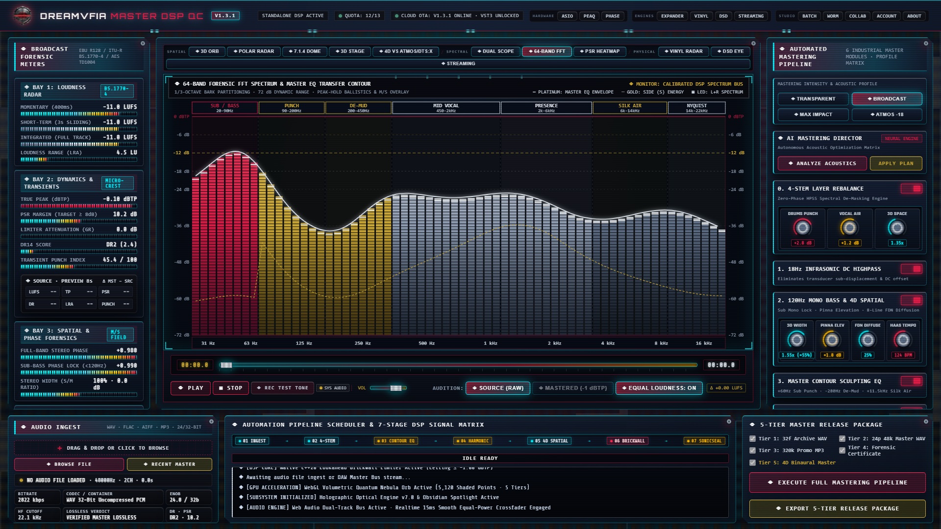 DREAMVFIA Master DSP QC V1.3.1 — 64段频谱分析与 8 维声学品控诊断实机截图