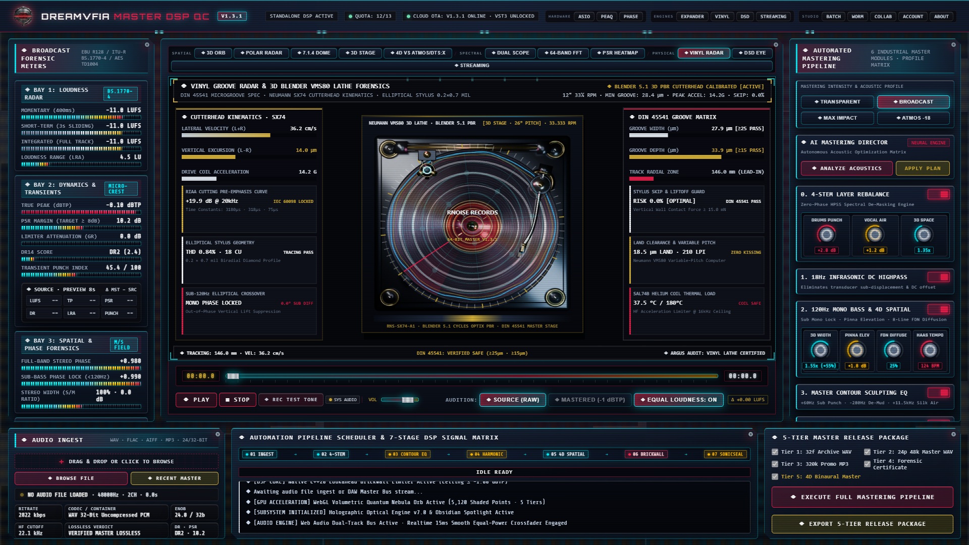 DREAMVFIA Master DSP QC V1.3.1 — 3D Blender Cycles Neumann SX74 黑胶刻纹雷达实机截图