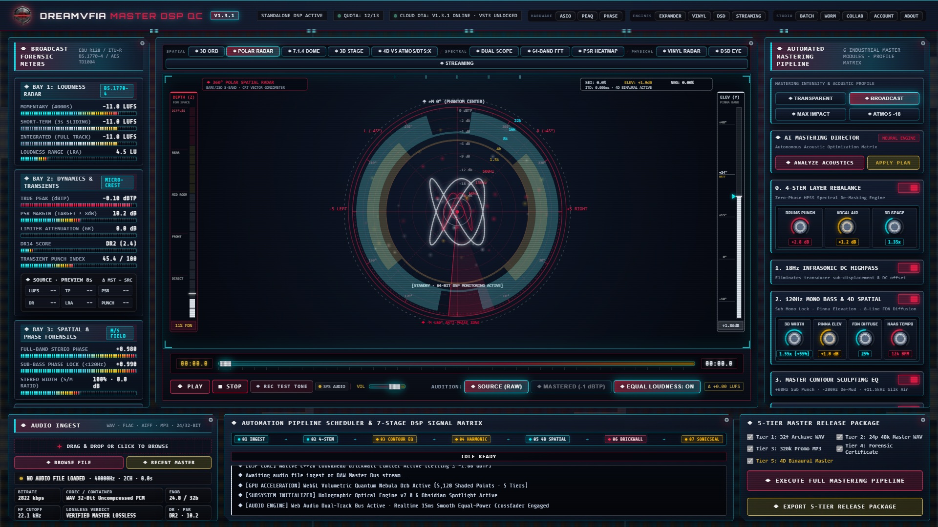 DREAMVFIA Master DSP QC V1.3.1 — 360° 极坐标空间声场雷达实机截图