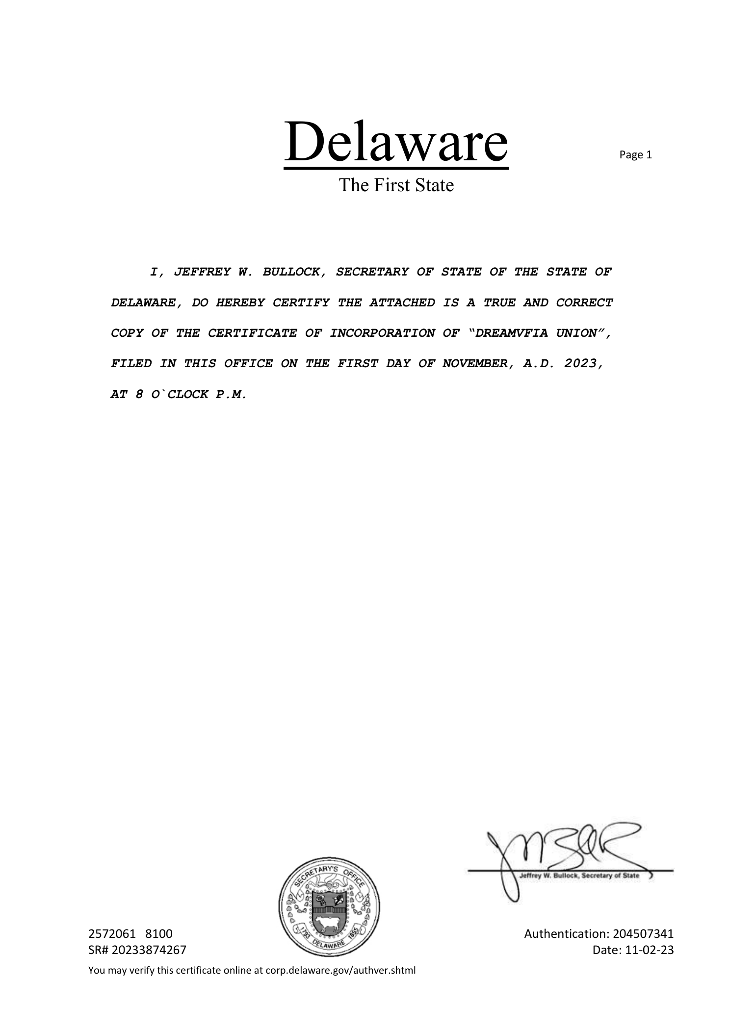 Delaware 州务卿认证页 · DREAMVFIA UNION Certificate of Incorporation