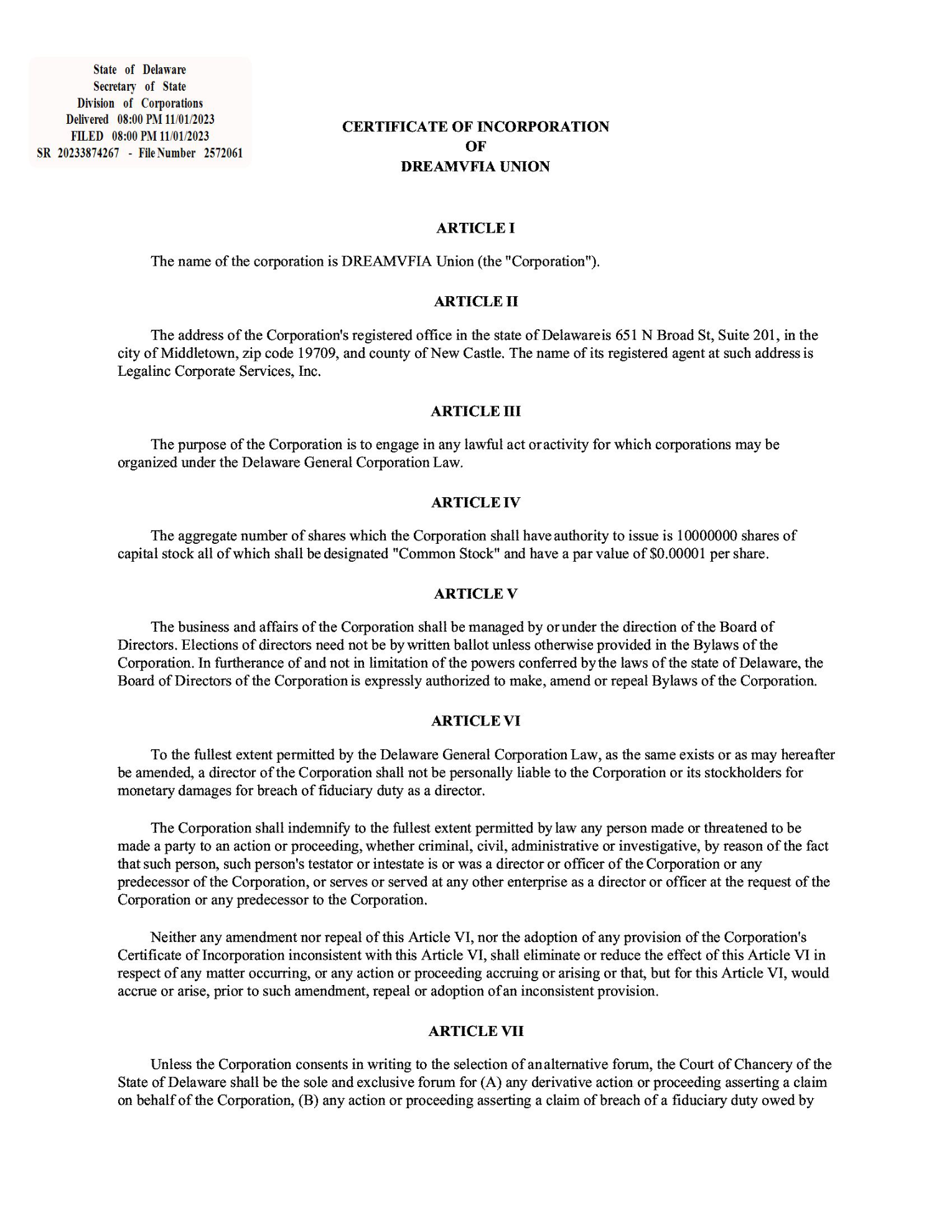 DREAMVFIA UNION Certificate of Incorporation — Articles I through VII